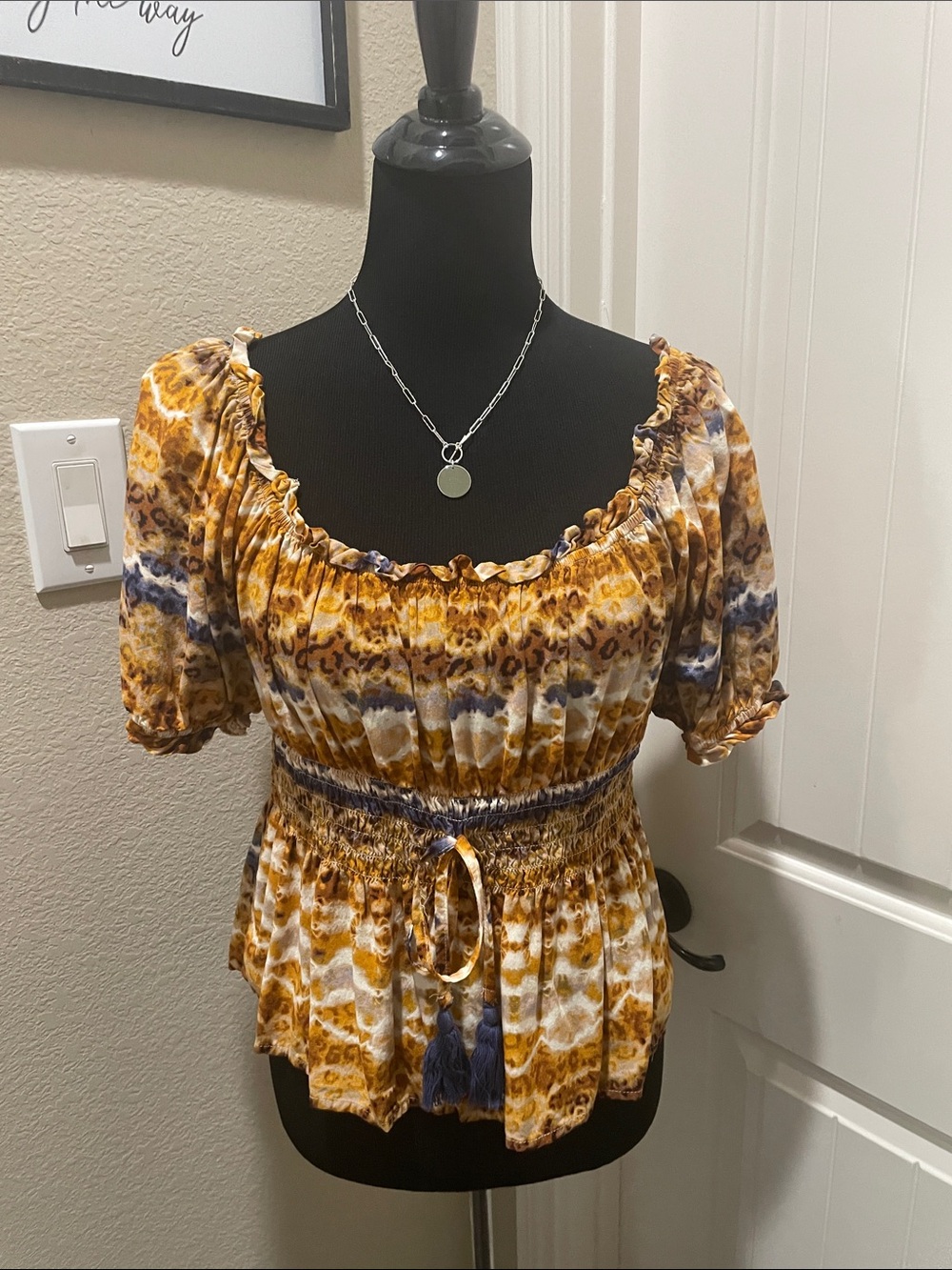Smocked Waist Peasant Top in Mustard Animal Print